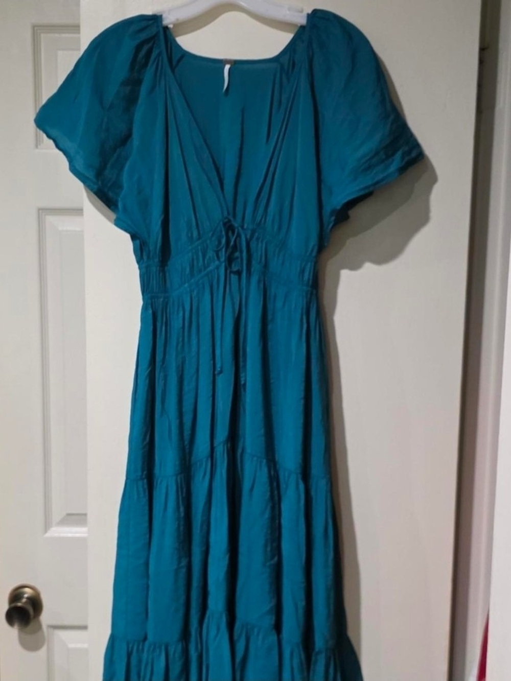 Teal V-Neck Tiered Maxi Dress with Drawstring Waist